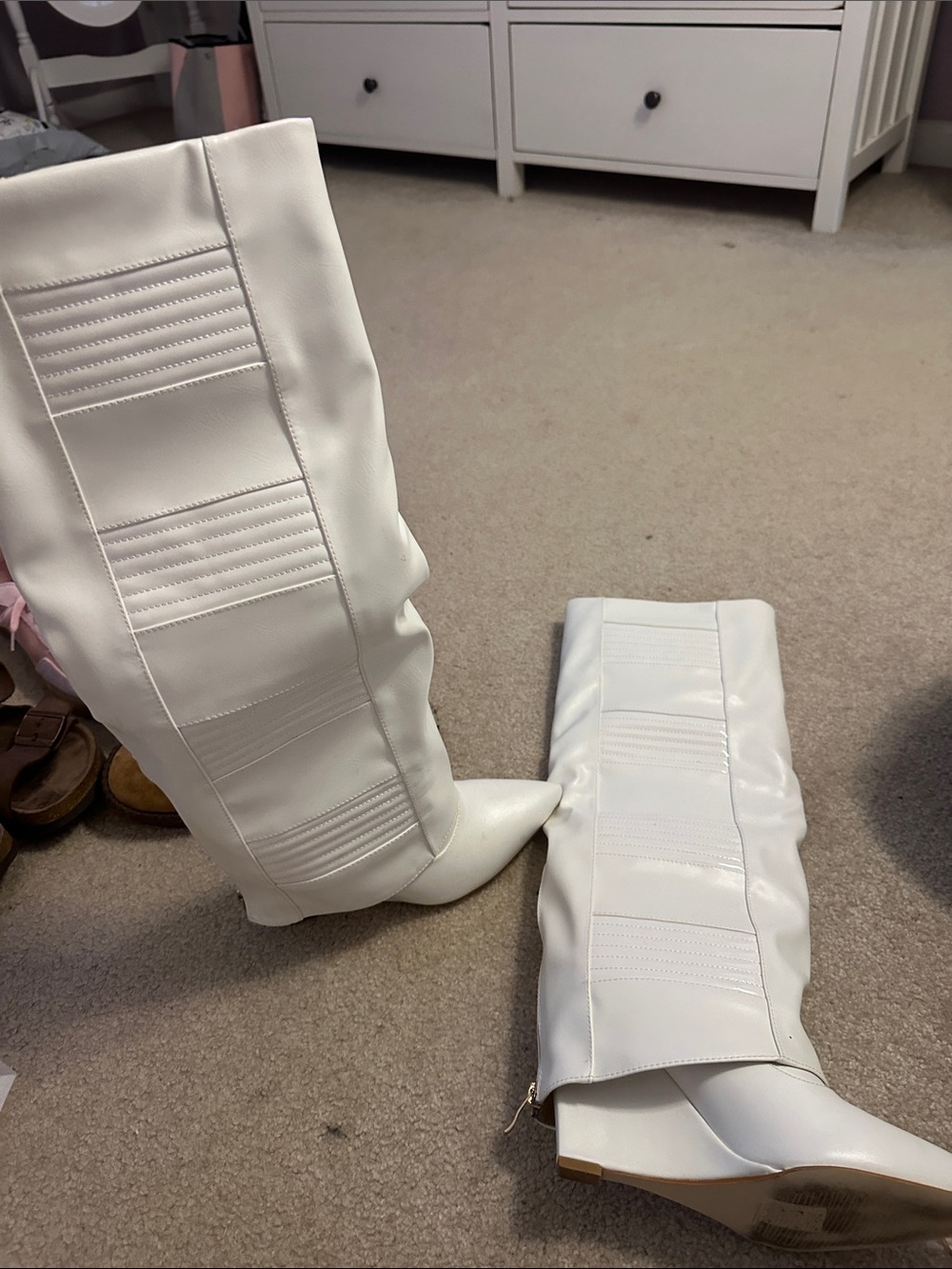 White Pointed Knee High Fold-Over Shark Boot Style Wedge Heel Boots